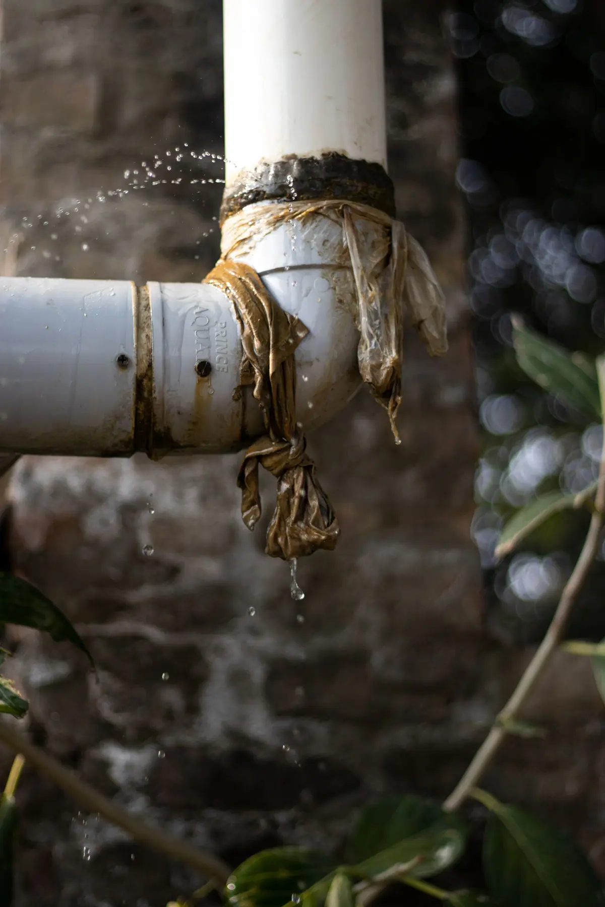 Gotas de agua saliendo de una cañería plástica con una pérdida