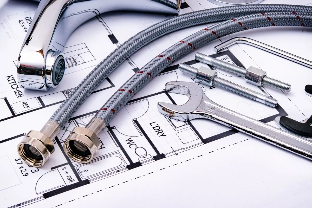 Llave ajustable, flexibles y grifería sobre un plano de instalación