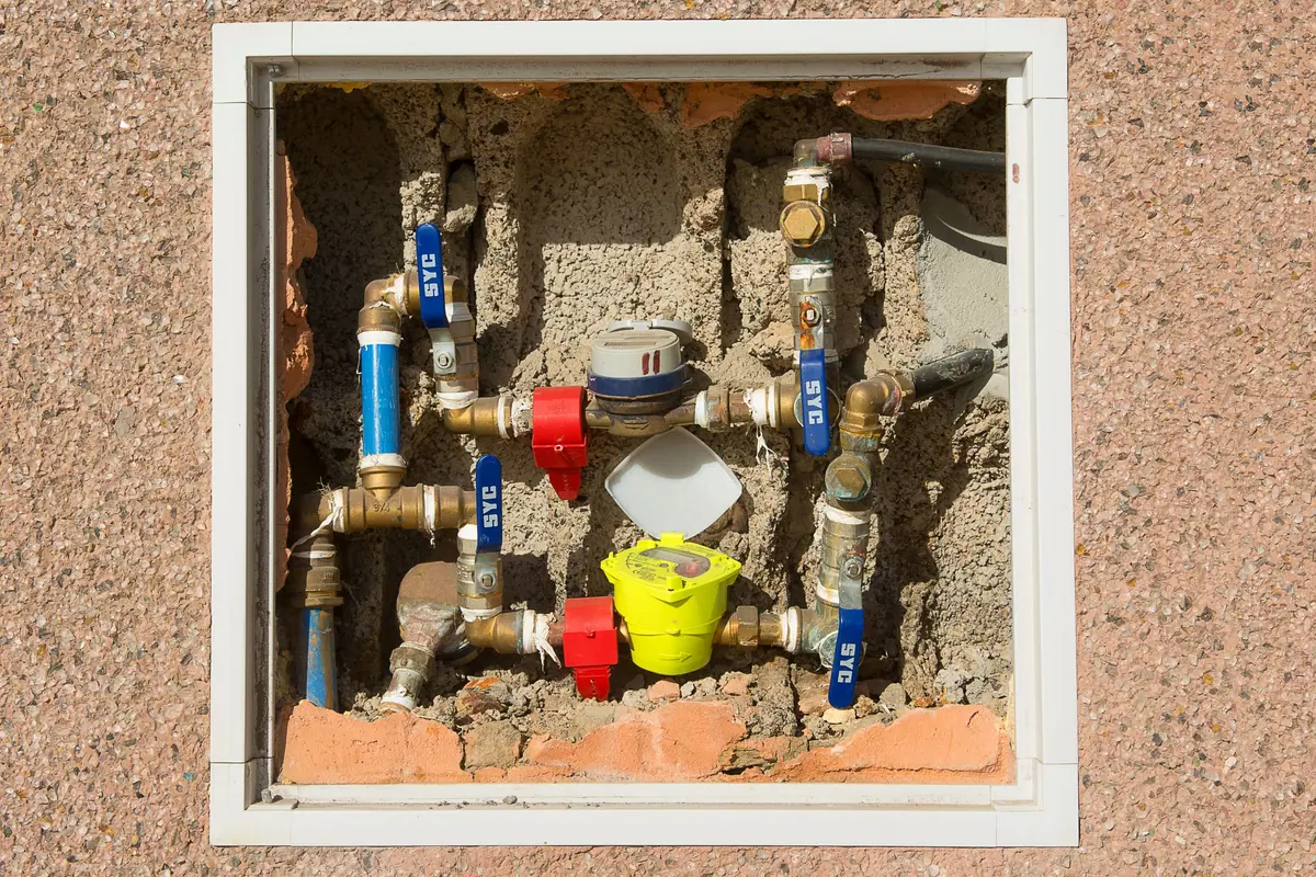 Nicho de medidor de agua con válvulas y conexiones de distribución