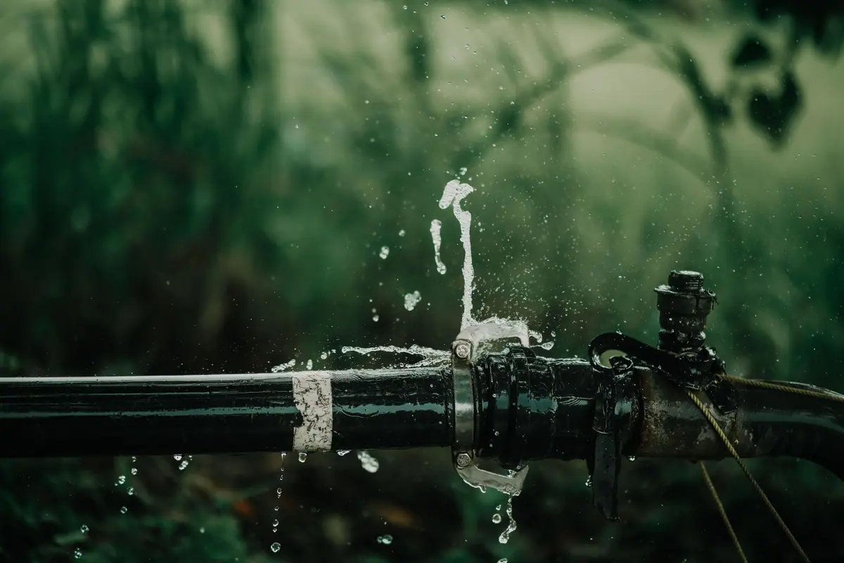 Cañería exterior con una pérdida de agua visible